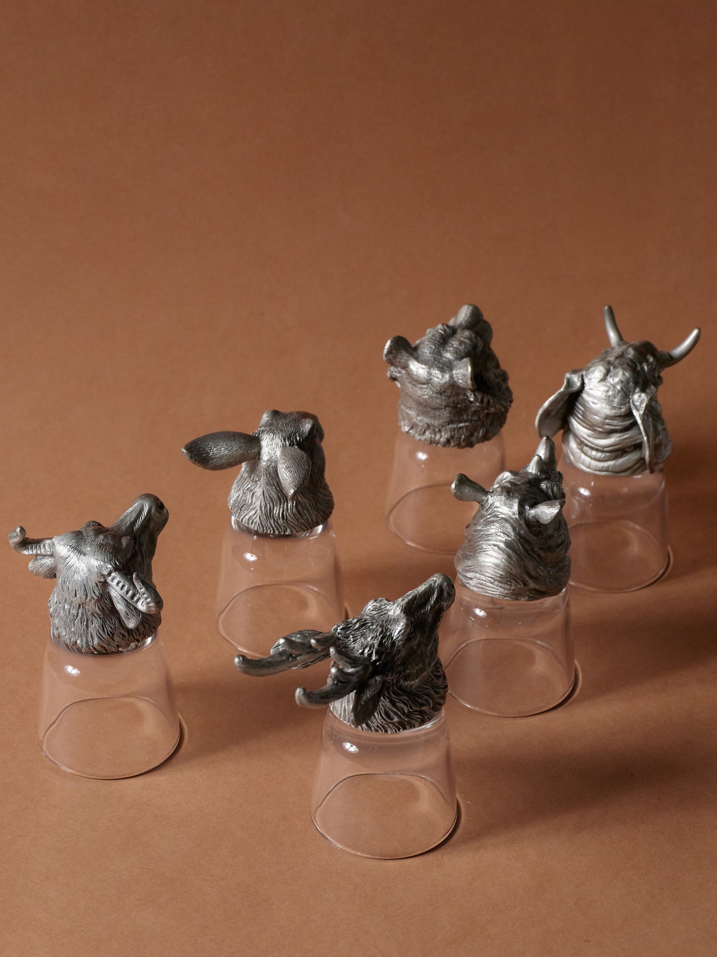 SET OF 6 GLASS AND SILVER-PLATED METAL LIQUEUR GLASSES, 1980s