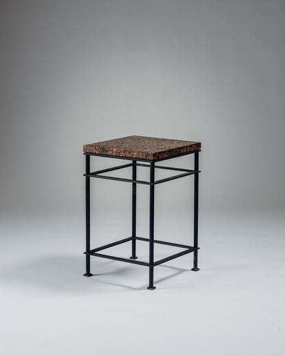 SIDE TABLE IN IRON AND PINK GRANITE, JEAN-MICHEL WILMOTTE, 1980s
