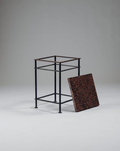 SIDE TABLE IN IRON AND PINK GRANITE, JEAN-MICHEL WILMOTTE, 1980s