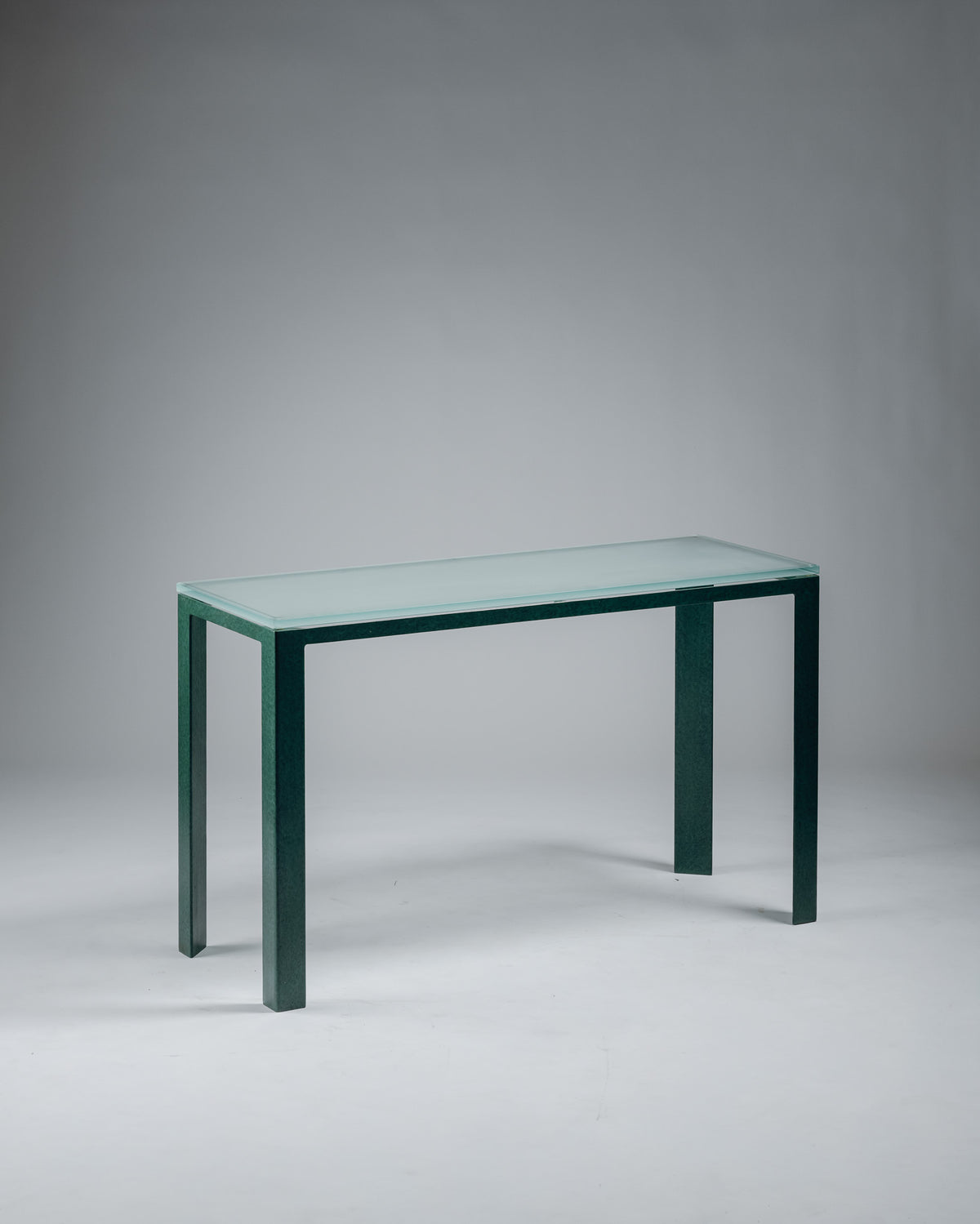 CONSOLE EN MÉTAL ET VERRE SABLÉ, CHRISTIAN DUC, CMB, 1980s