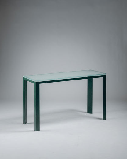 CONSOLE EN MÉTAL ET VERRE SABLÉ, CHRISTIAN DUC, CMB, 1980s
