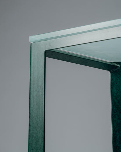 CONSOLE EN MÉTAL ET VERRE SABLÉ, CHRISTIAN DUC, CMB, 1980s