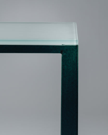 CONSOLE EN MÉTAL ET VERRE SABLÉ, CHRISTIAN DUC, CMB, 1980s