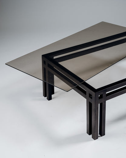 TABLE BASSE EN BOIS ET VERRE, JEAN-MICHEL WILMOTTE, GOVERNOR, 1970s