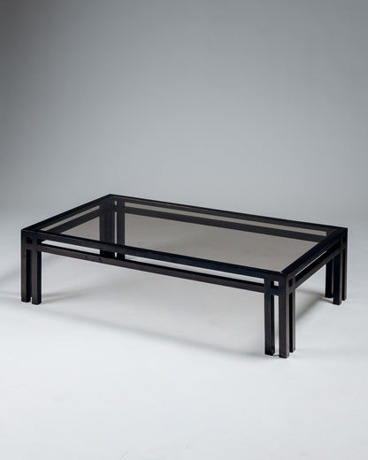 TABLE BASSE EN BOIS ET VERRE, JEAN-MICHEL WILMOTTE, GOVERNOR, 1970s