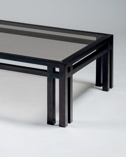 TABLE BASSE EN BOIS ET VERRE, JEAN-MICHEL WILMOTTE, GOVERNOR, 1970s