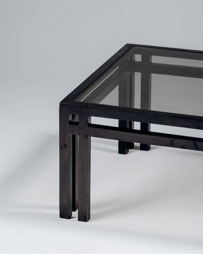 TABLE BASSE EN BOIS ET VERRE, JEAN-MICHEL WILMOTTE, GOVERNOR, 1970s