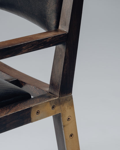 ARMCHAIR IN WENGE, COPPER AND LEATHER, JEAN-MICHEL WILMOTTE, TECNO, 1980s