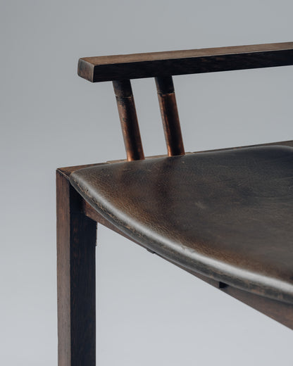 ARMCHAIR IN WENGE, COPPER AND LEATHER, JEAN-MICHEL WILMOTTE, TECNO, 1980s