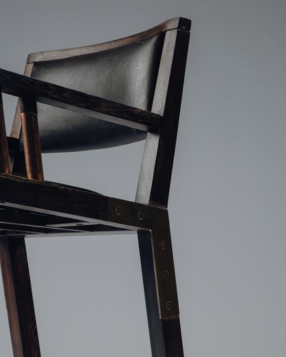 ARMCHAIR IN WENGE, COPPER AND LEATHER, JEAN-MICHEL WILMOTTE, TECNO, 1980s
