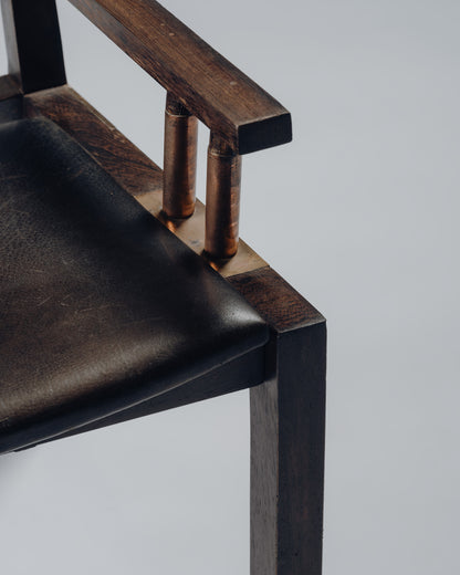 ARMCHAIR IN WENGE, COPPER AND LEATHER, JEAN-MICHEL WILMOTTE, TECNO, 1980s