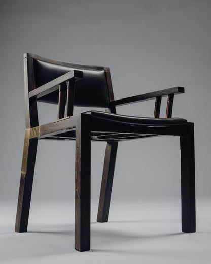 ARMCHAIR IN WENGE, COPPER AND LEATHER, JEAN-MICHEL WILMOTTE, TECNO, 1980s