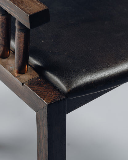 ARMCHAIR IN WENGE, COPPER AND LEATHER, JEAN-MICHEL WILMOTTE, TECNO, 1980s