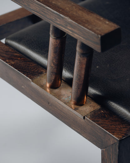 ARMCHAIR IN WENGE, COPPER AND LEATHER, JEAN-MICHEL WILMOTTE, TECNO, 1980s