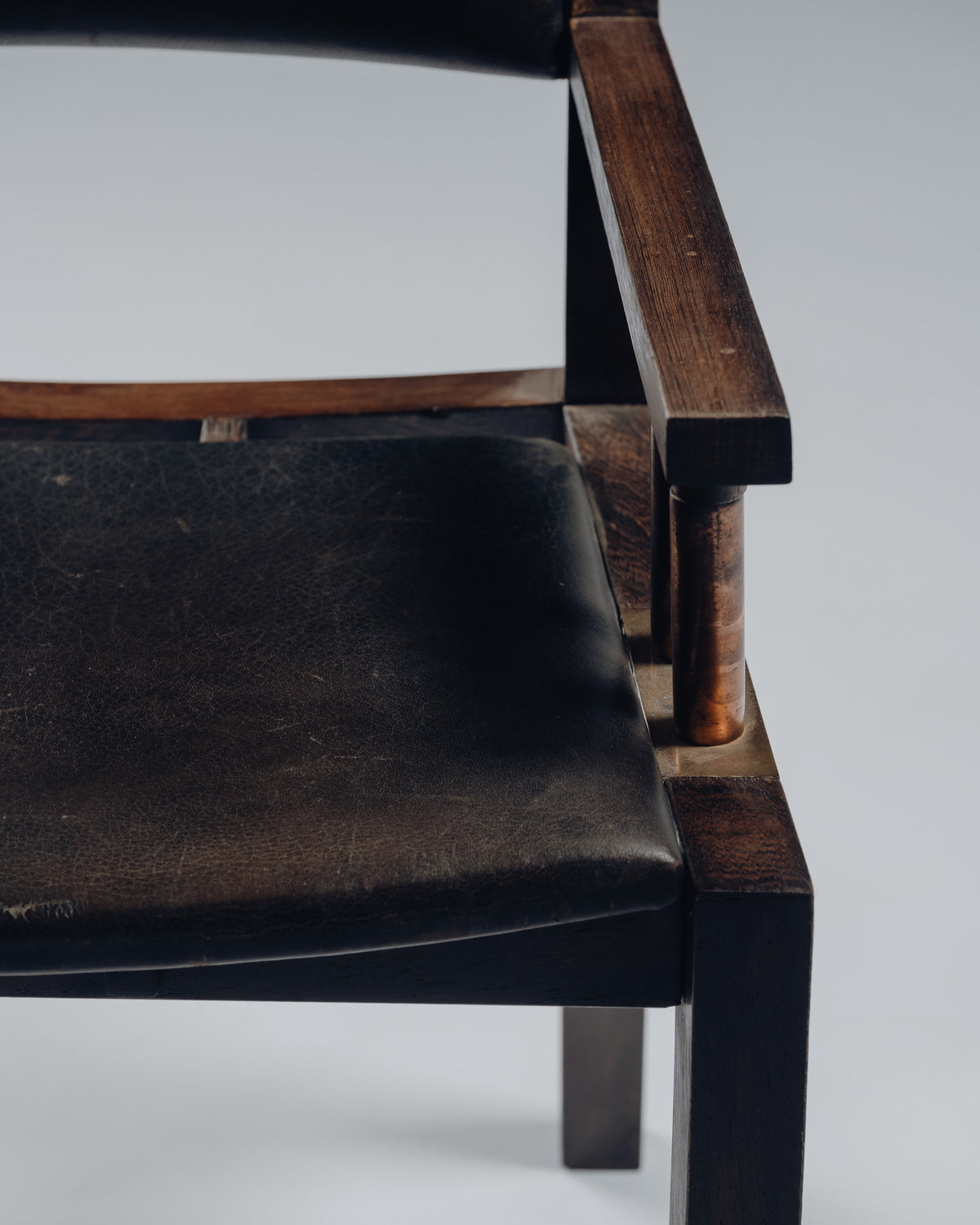 ARMCHAIR IN WENGE, COPPER AND LEATHER, JEAN-MICHEL WILMOTTE, TECNO, 1980s