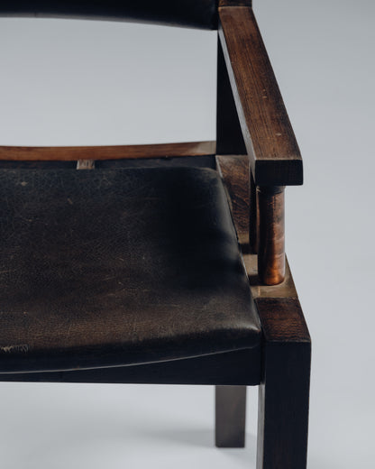 ARMCHAIR IN WENGE, COPPER AND LEATHER, JEAN-MICHEL WILMOTTE, TECNO, 1980s