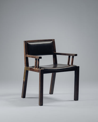 ARMCHAIR IN WENGE, COPPER AND LEATHER, JEAN-MICHEL WILMOTTE, TECNO, 1980s