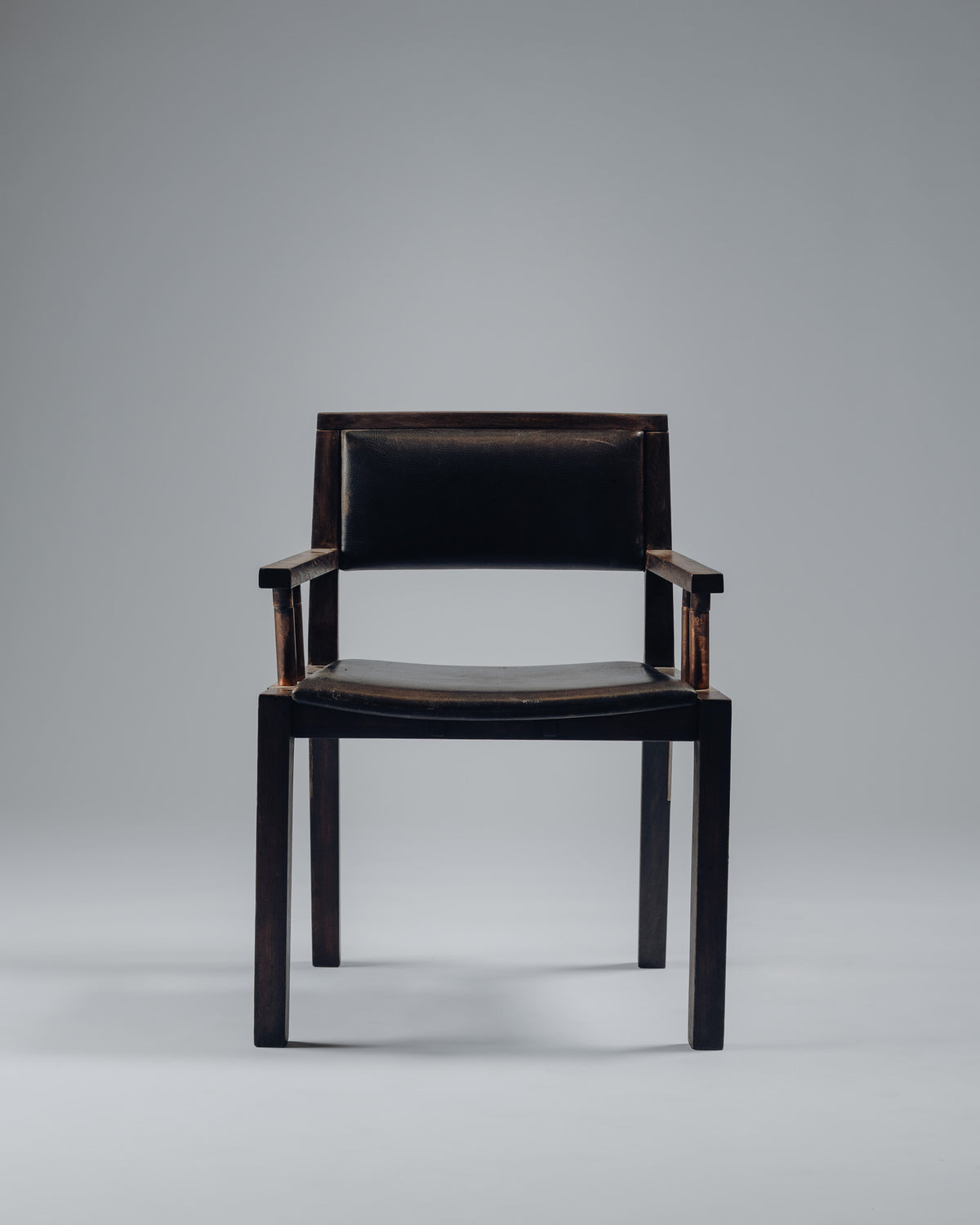 ARMCHAIR IN WENGE, COPPER AND LEATHER, JEAN-MICHEL WILMOTTE, TECNO, 1980s