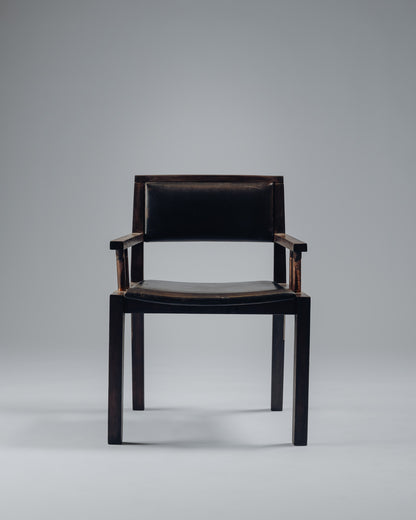 ARMCHAIR IN WENGE, COPPER AND LEATHER, JEAN-MICHEL WILMOTTE, TECNO, 1980s