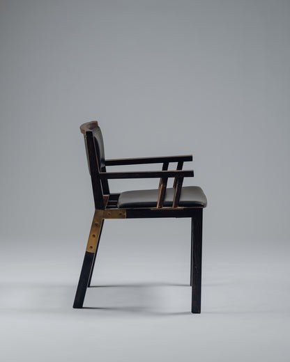 ARMCHAIR IN WENGE, COPPER AND LEATHER, JEAN-MICHEL WILMOTTE, TECNO, 1980s
