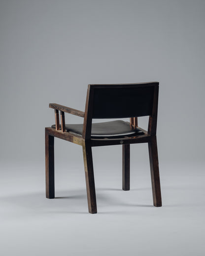 ARMCHAIR IN WENGE, COPPER AND LEATHER, JEAN-MICHEL WILMOTTE, TECNO, 1980s