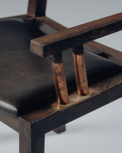 ARMCHAIR IN WENGE, COPPER AND LEATHER, JEAN-MICHEL WILMOTTE, TECNO, 1980s