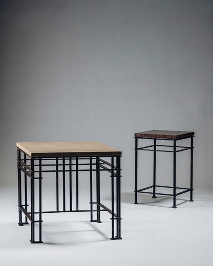 SIDE TABLE IN IRON AND PINK GRANITE, JEAN-MICHEL WILMOTTE, 1980s
