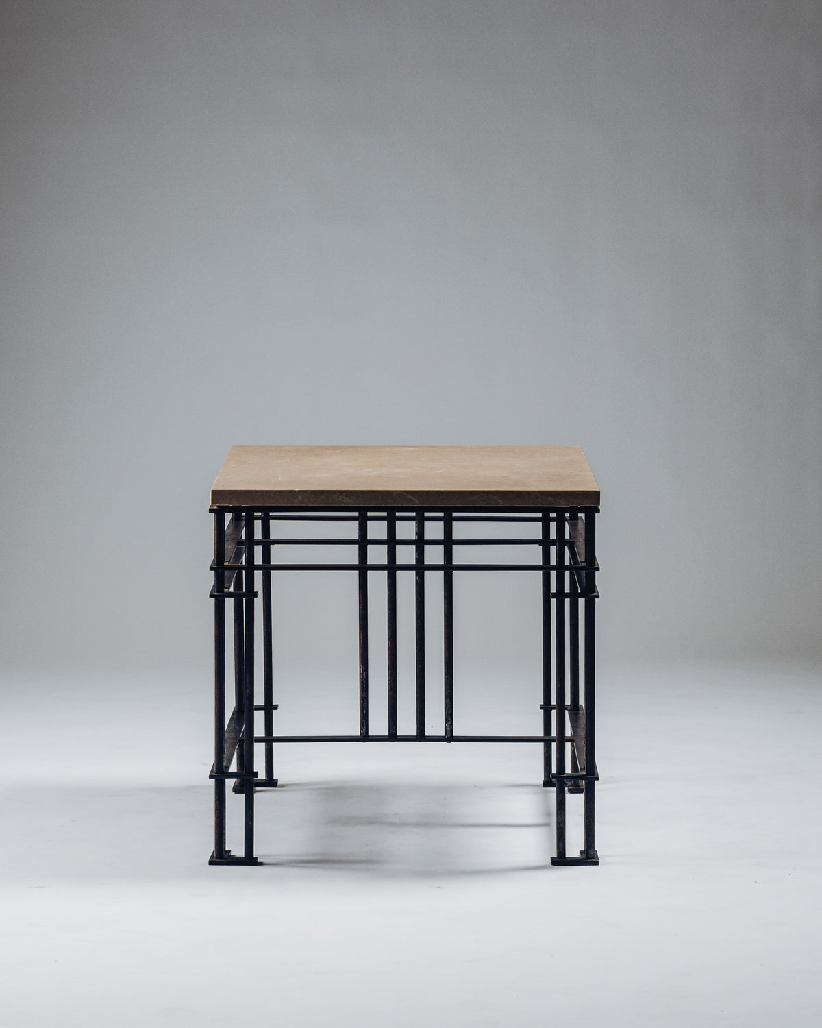 SIDE TABLE IN WROUGHT IRON AND LIMESTONE, JEAN-MICHEL WILMOTTE, 1980s