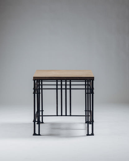 SIDE TABLE IN WROUGHT IRON AND LIMESTONE, JEAN-MICHEL WILMOTTE, 1980s