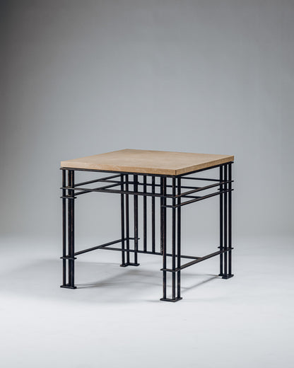 SIDE TABLE IN WROUGHT IRON AND LIMESTONE, JEAN-MICHEL WILMOTTE, 1980s
