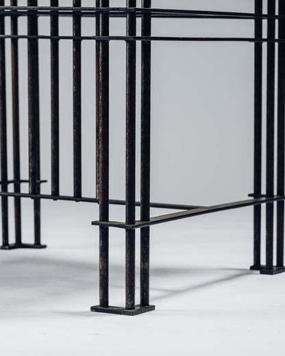 SIDE TABLE IN WROUGHT IRON AND LIMESTONE, JEAN-MICHEL WILMOTTE, 1980s