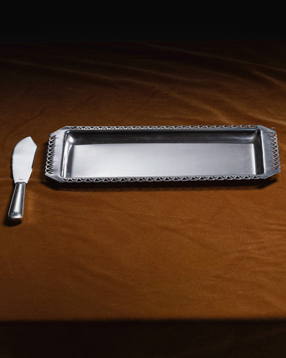 Metal cake stand and knife, 1950s