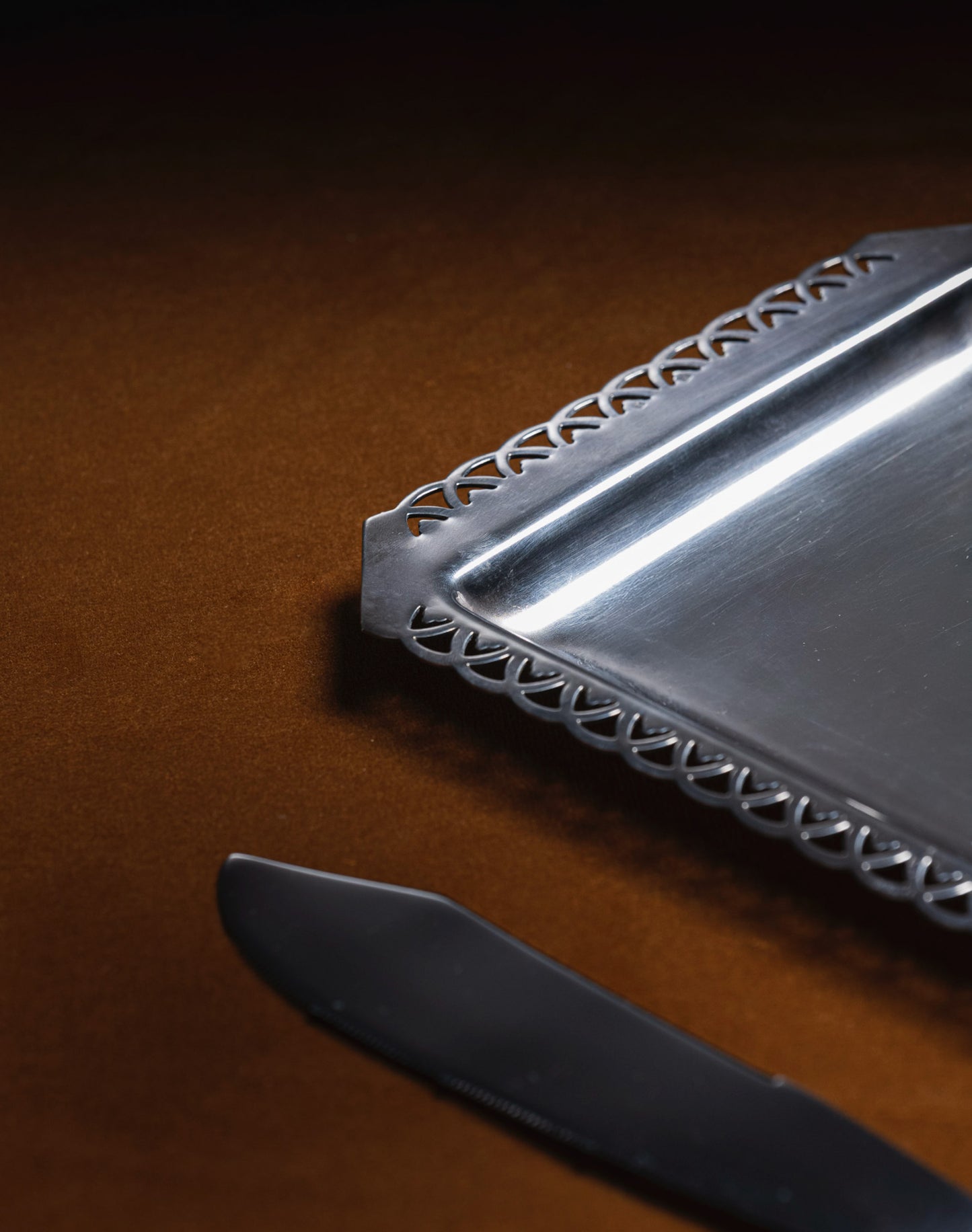 Metal cake stand and knife, 1950s