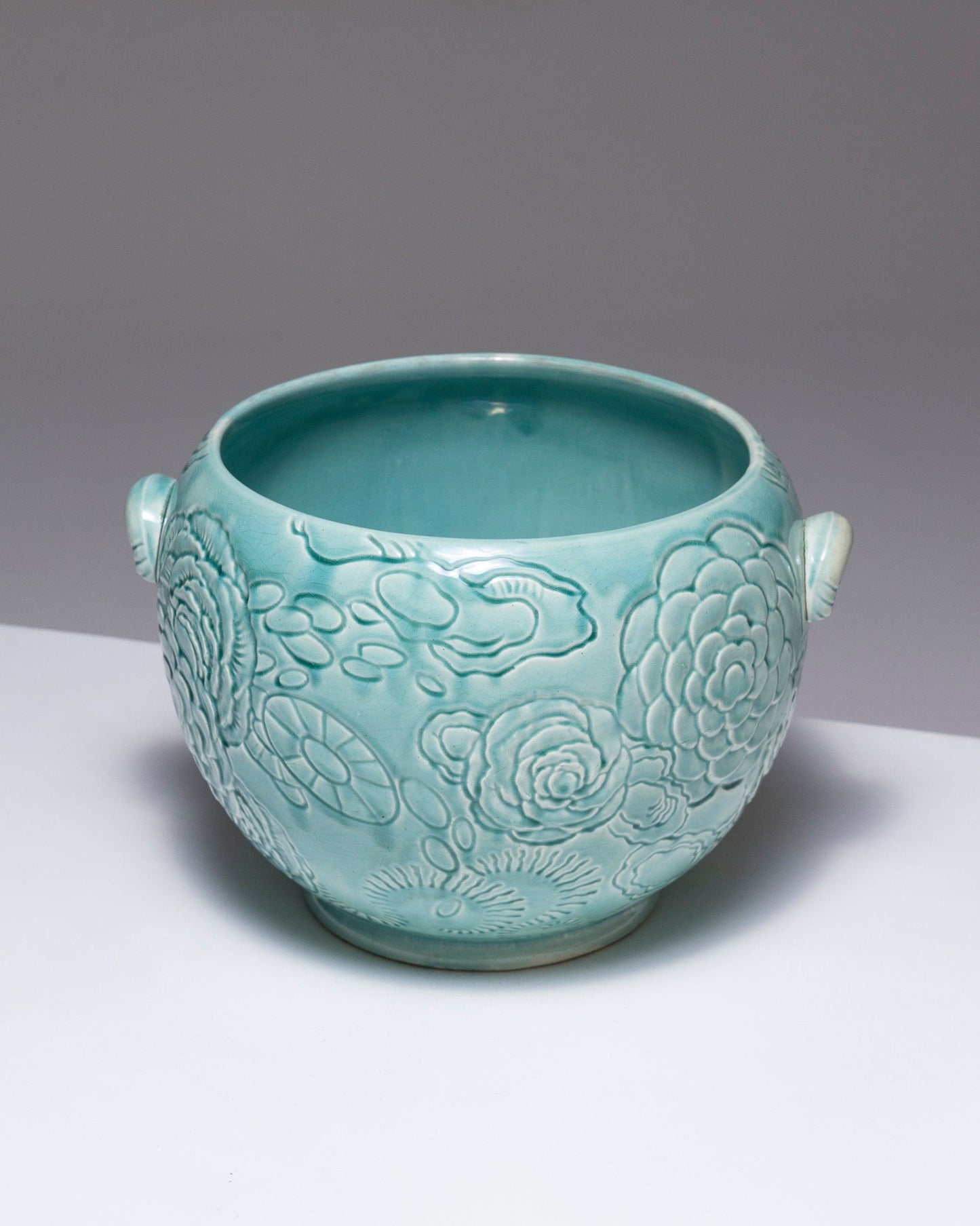 TURQUOISE EARTHENWARE PLANTER, ORCHIES, 1950s