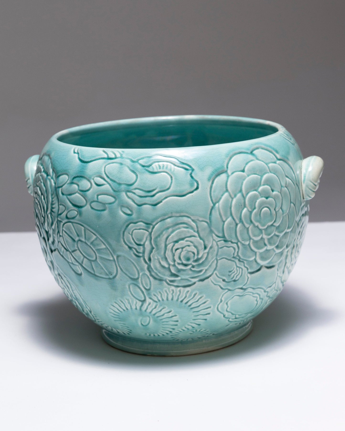 TURQUOISE EARTHENWARE PLANTER, ORCHIES, 1950s