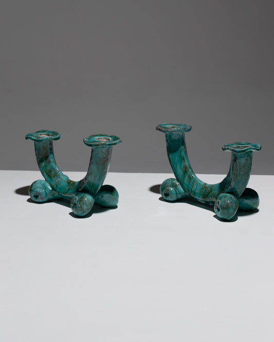 PAIR OF VALLAURIS ENAMELED POTTERY CANDLESTICKS, SANTIAGO R. BONOME, 1940s