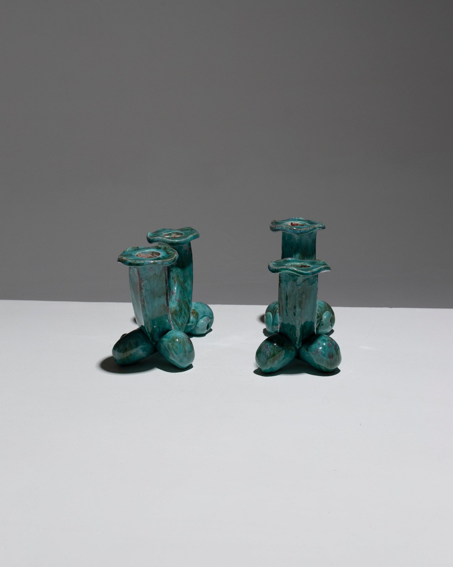 PAIR OF VALLAURIS ENAMELED POTTERY CANDLESTICKS, SANTIAGO R. BONOME, 1940s