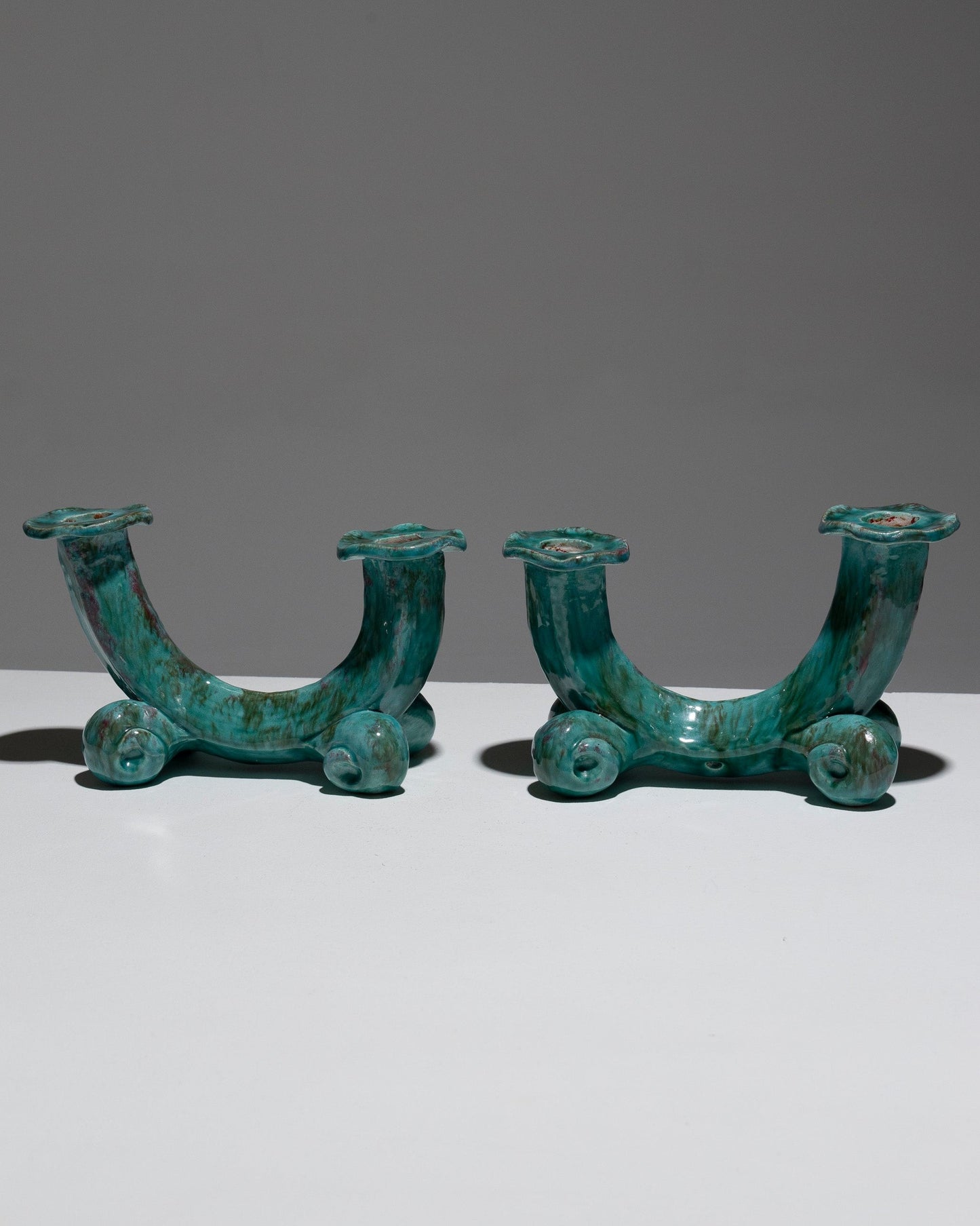 PAIR OF VALLAURIS ENAMELED POTTERY CANDLESTICKS, SANTIAGO R. BONOME, 1940s