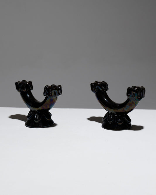 PAIR OF VALLAURIS GLAZED POTTERY CANDELABRA, 1950s