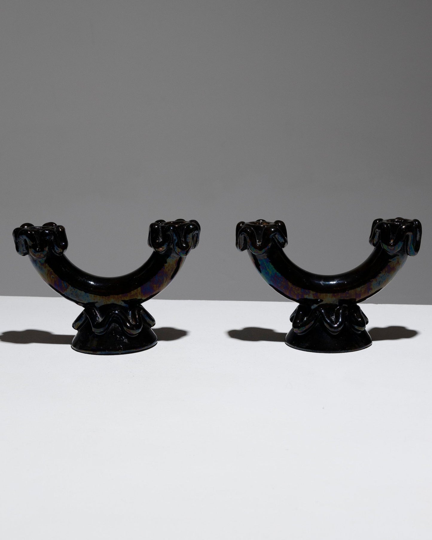 PAIR OF VALLAURIS GLAZED POTTERY CANDELABRA, 1950s