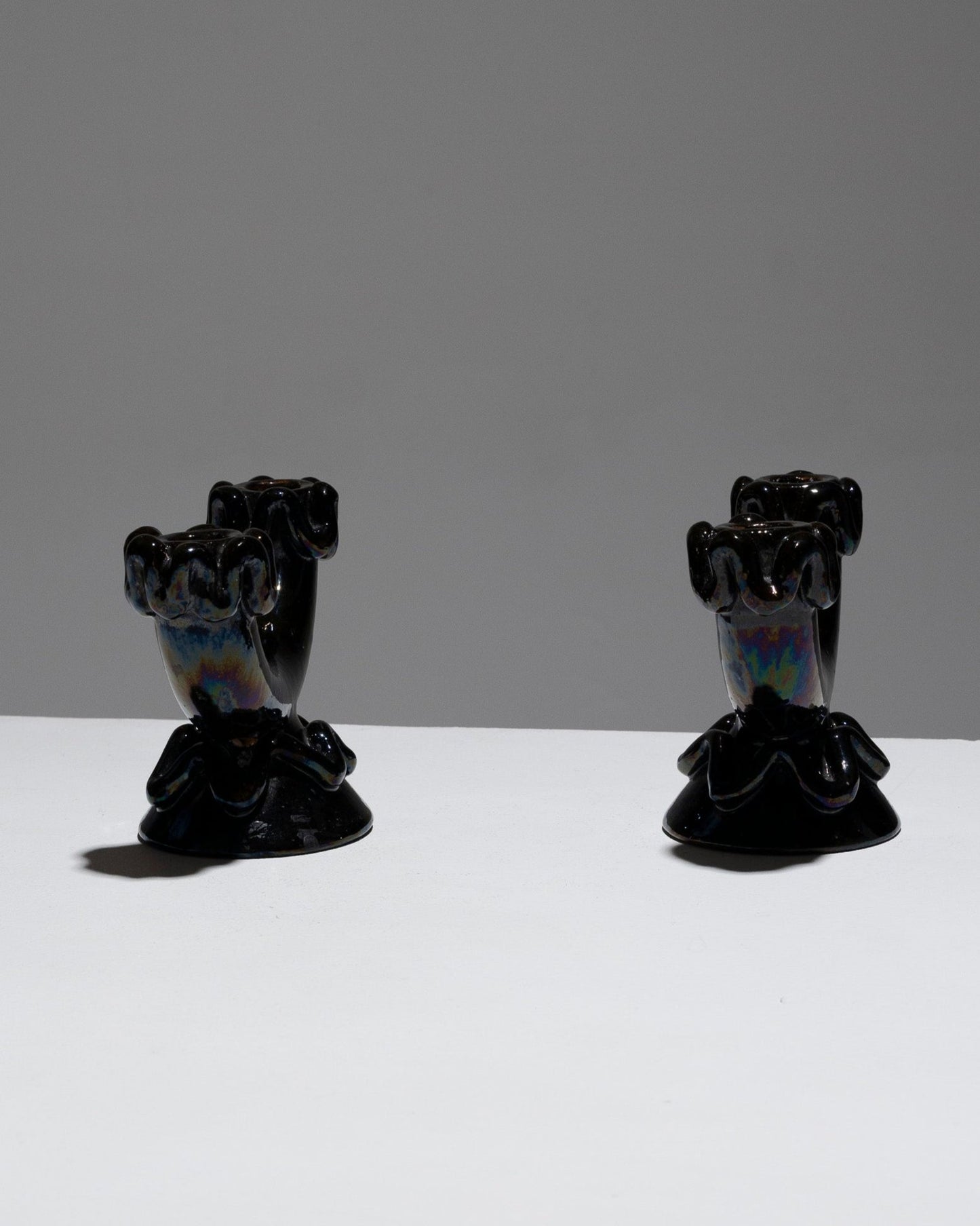 PAIR OF VALLAURIS GLAZED POTTERY CANDELABRA, 1950s