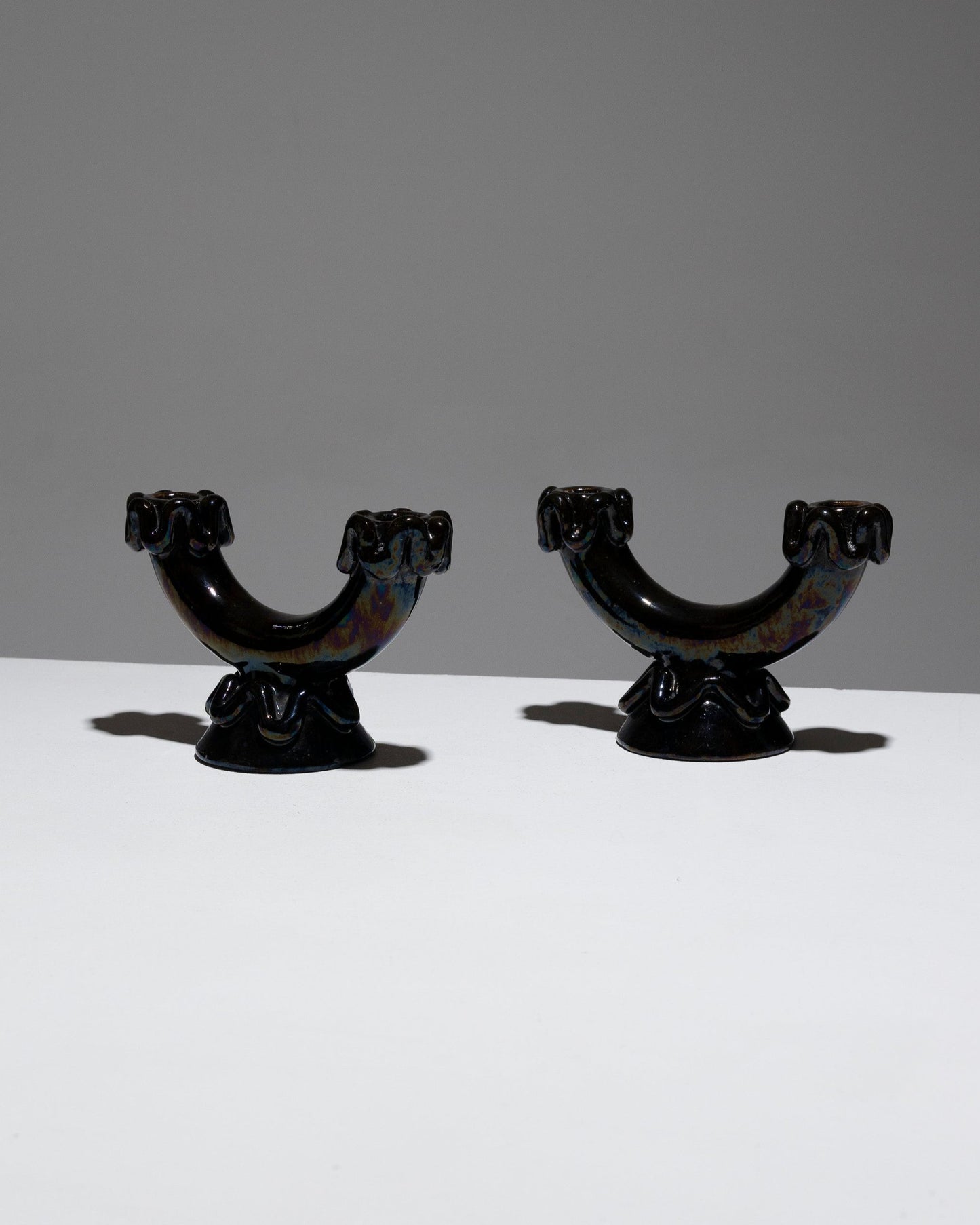 PAIR OF VALLAURIS GLAZED POTTERY CANDELABRA, 1950s