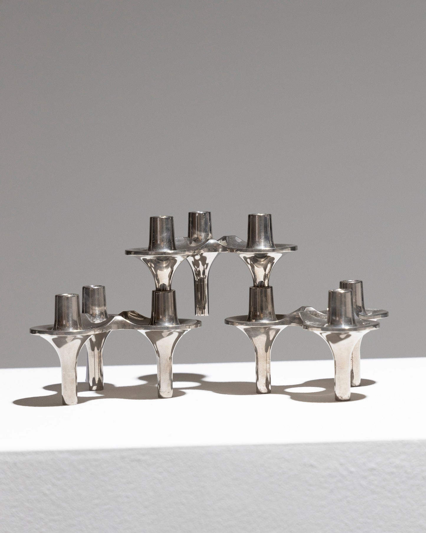 SET OF 3 CHROMED STEEL TRIPOD CANDLE HOLDERS, 1970s