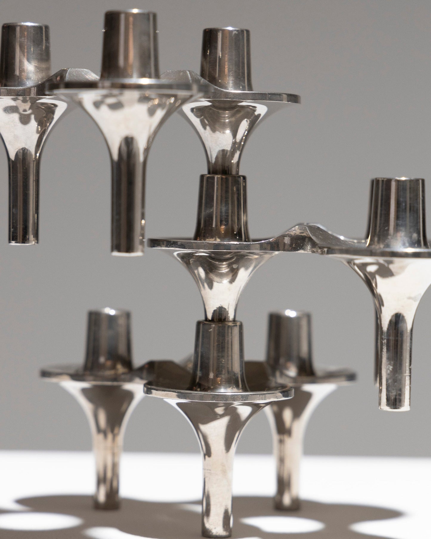 SET OF 3 CHROMED STEEL TRIPOD CANDLE HOLDERS, 1970s