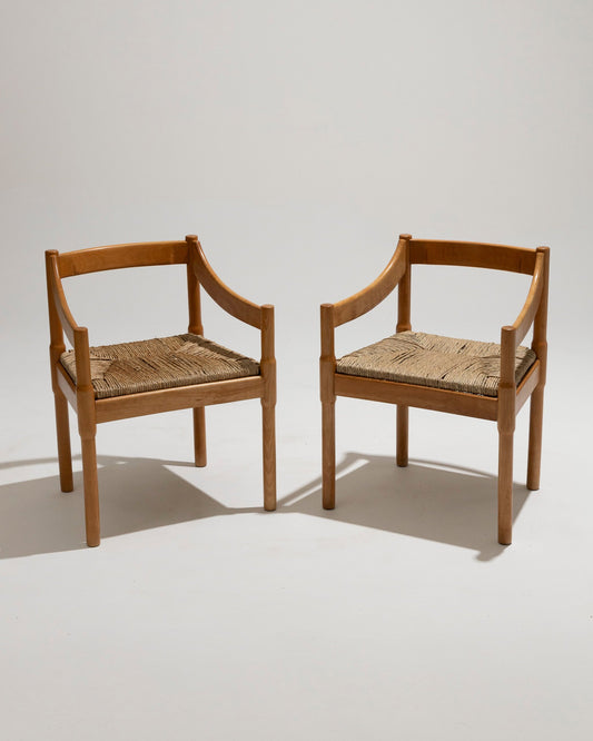 WITHOUT PRICE / PAIR OF STRAW AND WOOD CHAIRS, VICO MAGISTRETTI, CASSINA, 1960s 