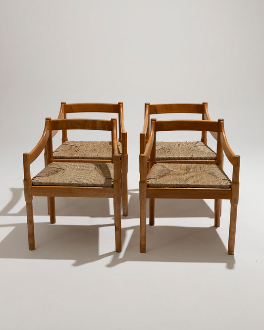 WITHOUT PRICE / SET OF 4 STRAW AND WOOD CHAIRS, VICO MAGISTRETTI, CASSINA, 1960s