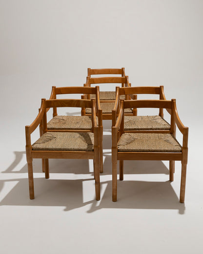 Set di 6 sedie di paglia e legno, Vico Magistretti, Cassina, anni '60