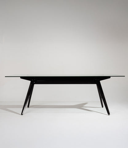 Black glass and metal compass table, 2000s