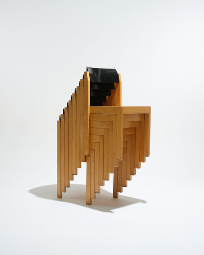 Set of 8 stackable wooden chairs, 1950s