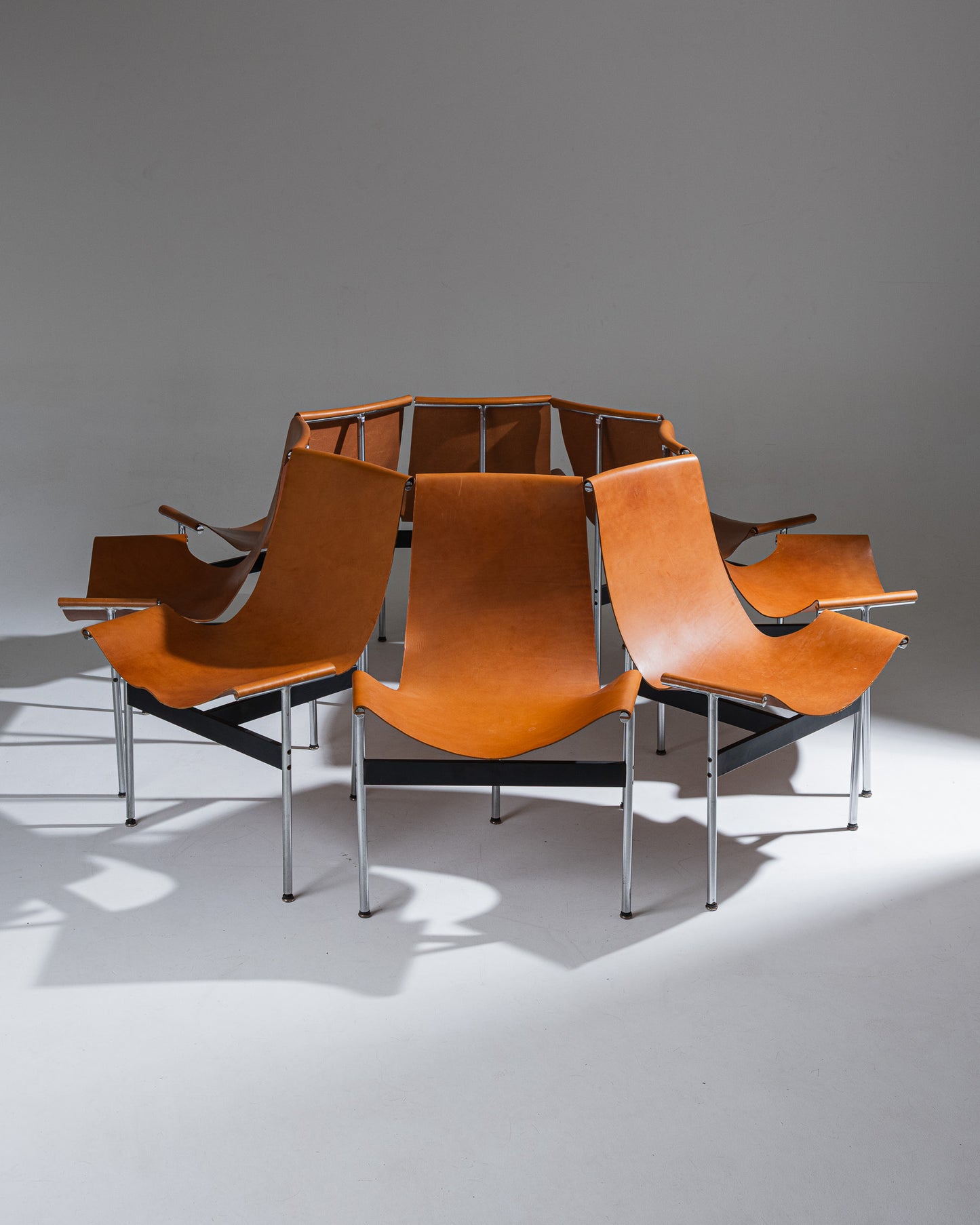 SET OF 8 3LC LEATHER AND METAL CHAIRS, LITTELL &amp; KATAVOLOS, 1960s